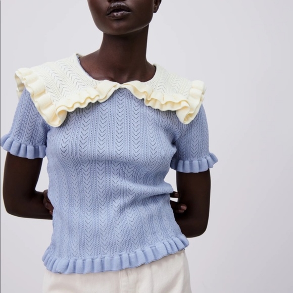 ZARA Bib Collar Contrast Knit Blue Sweater Top NWT💙 - Picture 2 of 5